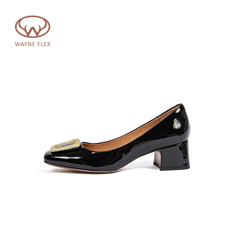 韦恩Wayne Flex法式粗跟漆皮复古小香风跟鞋2118