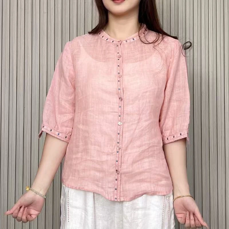 【100苎麻】夏季新款显瘦女士衬衫中式绣花衬衣气质百搭V领HG-7089