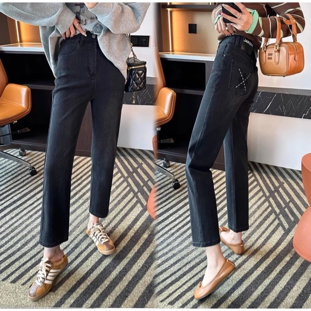 高级感黑灰色九分烟管裤女夏季莱赛尔轻薄凉感窄版显瘦直筒牛仔裤