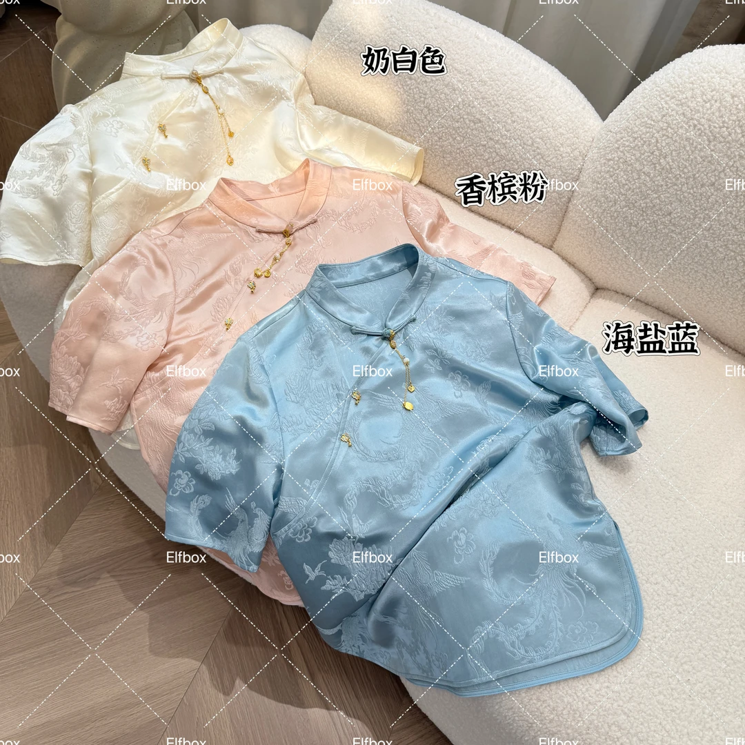 晨晨推荐 时尚百搭新中式桑蚕丝中式领半袖衬衫4644