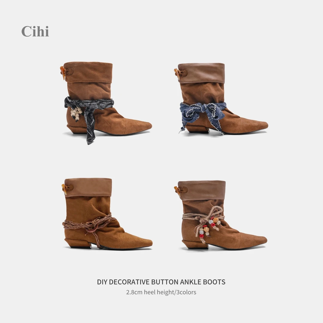 Cihi'Estrus' DIY褶皱设计 复古编织扣粗跟西部短靴