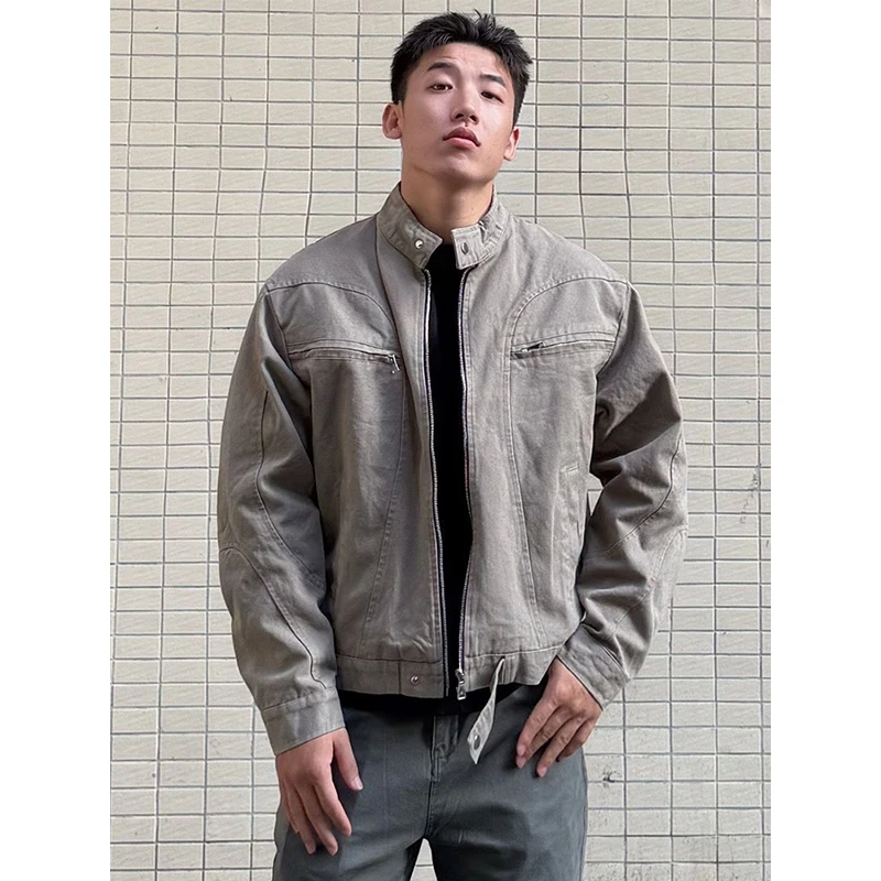 美式复古哈灵顿牛仔外套男秋水洗重磅工装夹克vintage立领机车服
