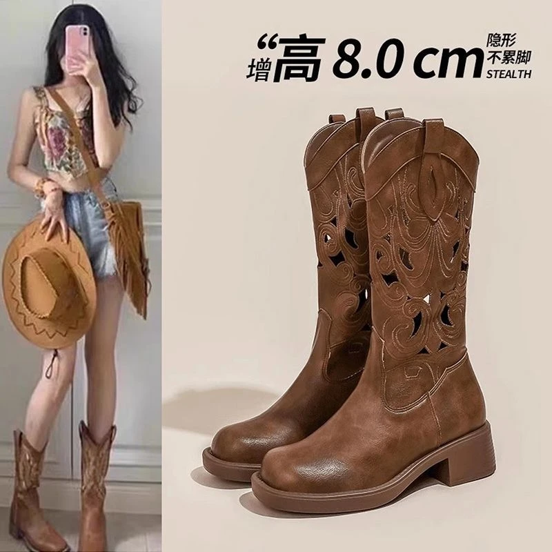 内增高粗跟美拉德骑士靴子女夏2025新款西部牛仔新疆长筒靴马丁靴