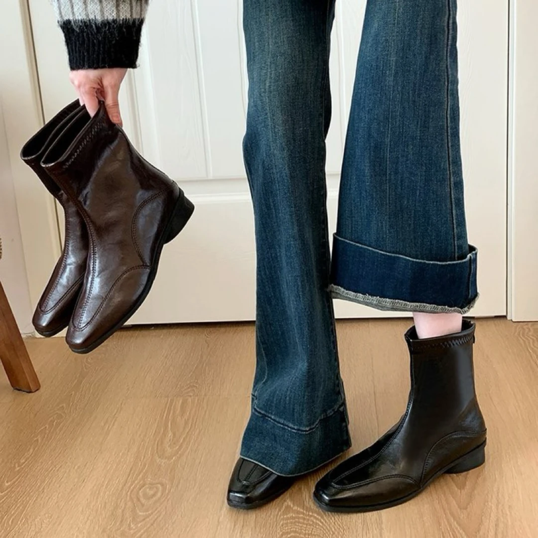 韩系方头小短靴女2025秋冬新款复古弹力马丁靴后拉链百搭瘦瘦靴