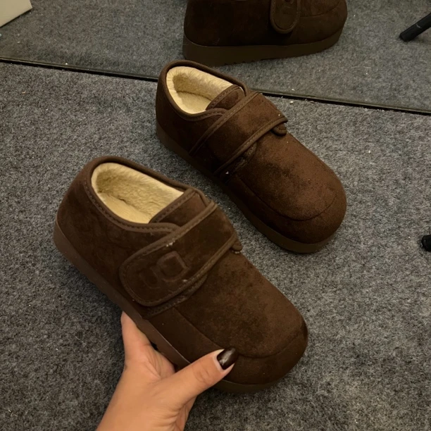 韩版魔术贴毛毛鞋懒人鞋2025秋冬新款反绒牛皮圆头大棉厚绒豆豆鞋