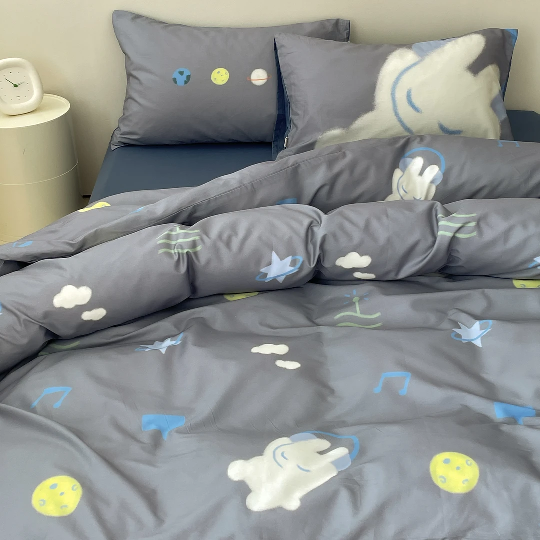 小兔的星际 原创可爱卡通棉三四件套单人床单被套床笠款星空灰