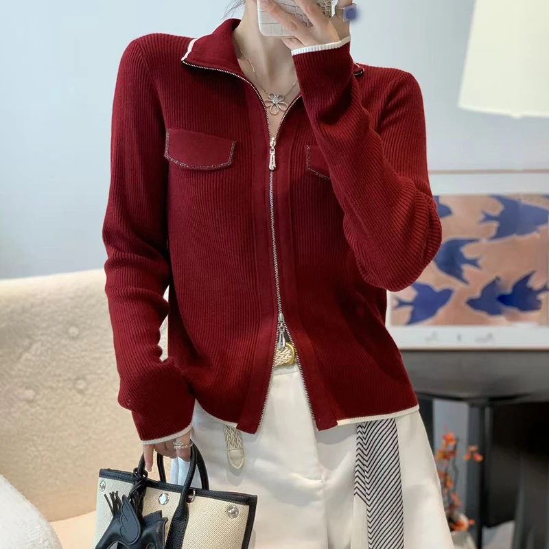 双拉链立领针织开衫休闲翻领纯色毛衣外套女266-9100