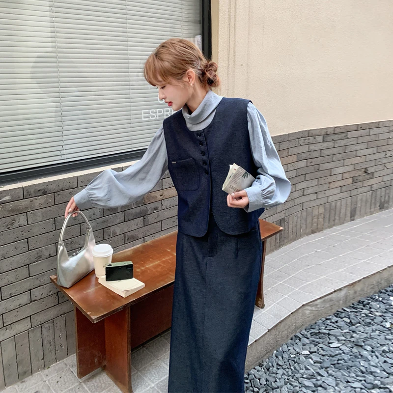 韩系简约通勤风马甲衬衫半裙套装2025春秋新款高级感ins风三件套