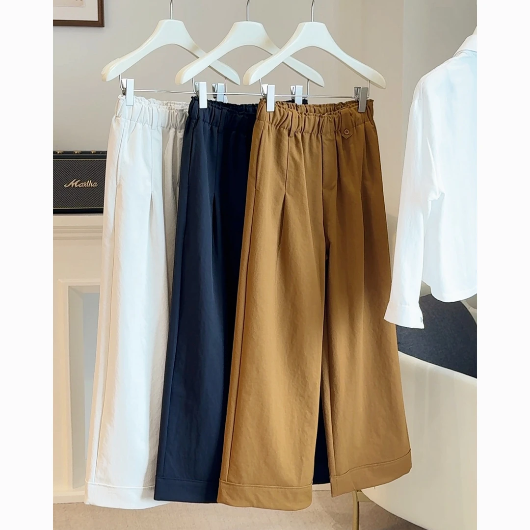 2025秋季松紧腰休闲裤女新款宽松卷边小个子九分阔腿萝卜裤直筒裤