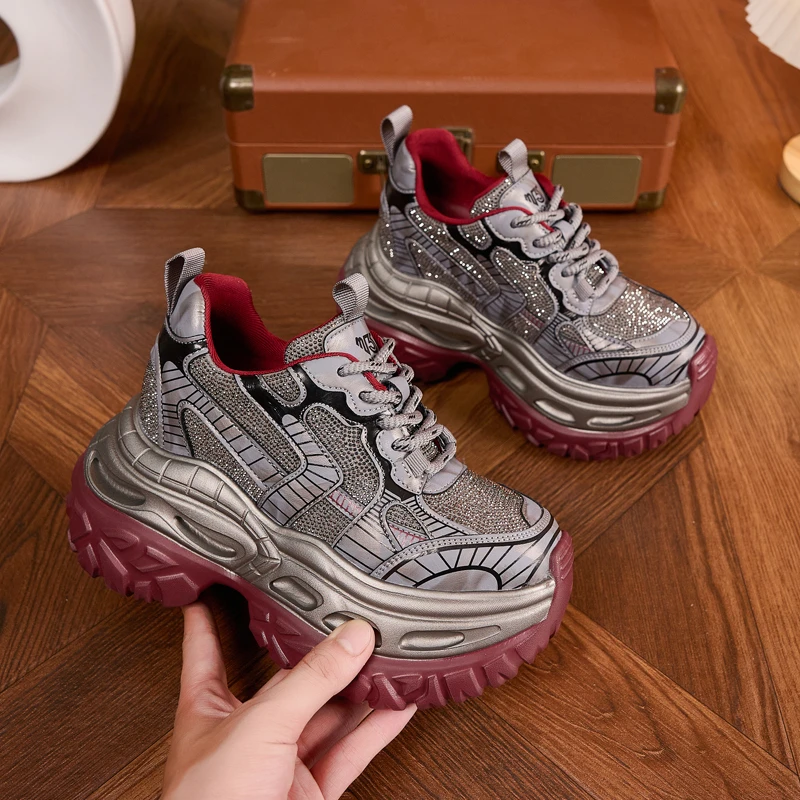 厚底内增高老爹鞋女2025秋季新款运动休闲鞋小个子百搭水钻时尚潮