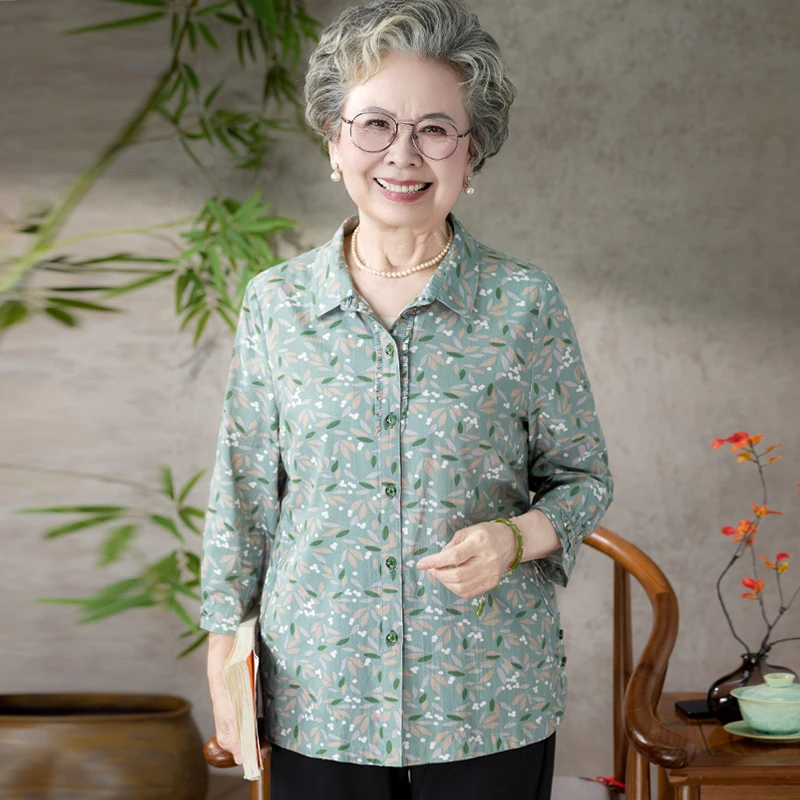 中老年人夏装女衬衫奶奶棉质上衣60岁70妈妈春夏衬衣老人太太衣服
