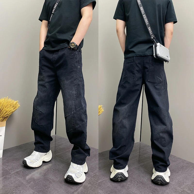 美式复古水洗黑色弯刀牛仔长裤男2025秋季宽松百搭立体裁剪阔腿裤