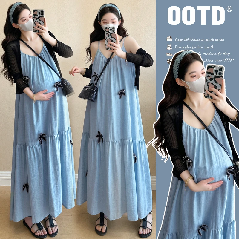 孕妇装夏季新款时尚辣妈气质显瘦吊带连衣裙+薄款开衫上衣两件套