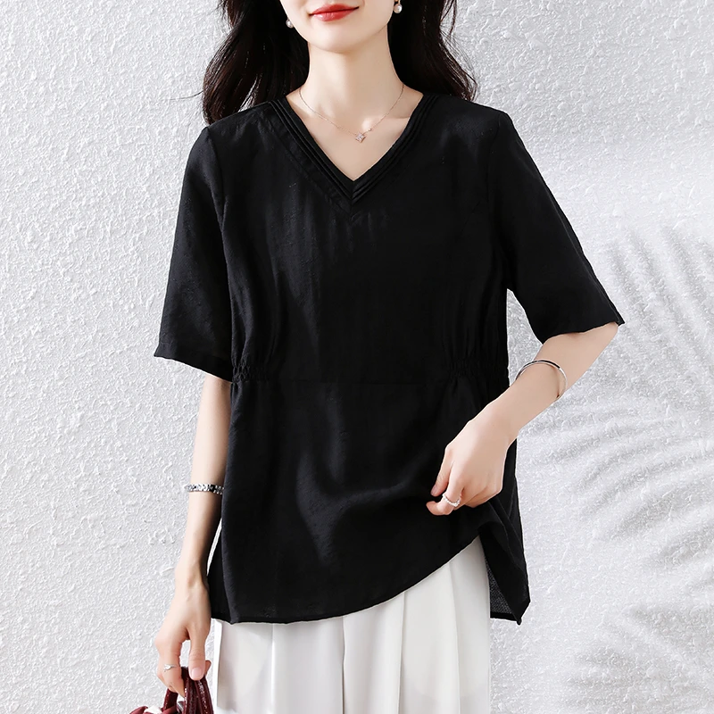 大码女装2025夏季新款捏褶设计感提花洋气小衫胖mm显瘦气质上衣女