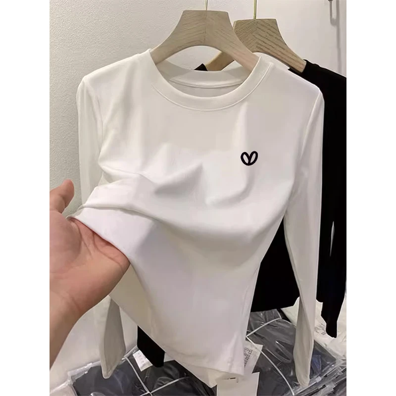 2025新款秋季圆领螺纹长袖t恤白色时尚百搭简约印花打底衫女上衣