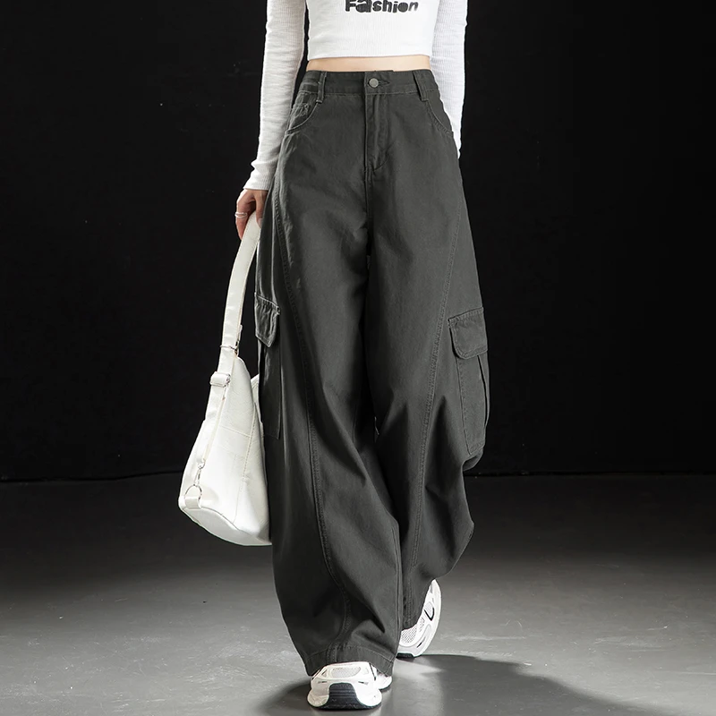 美式复古解构灰色弯刀工装裤2025秋冬加绒牛仔裤女宽松休闲阔腿裤