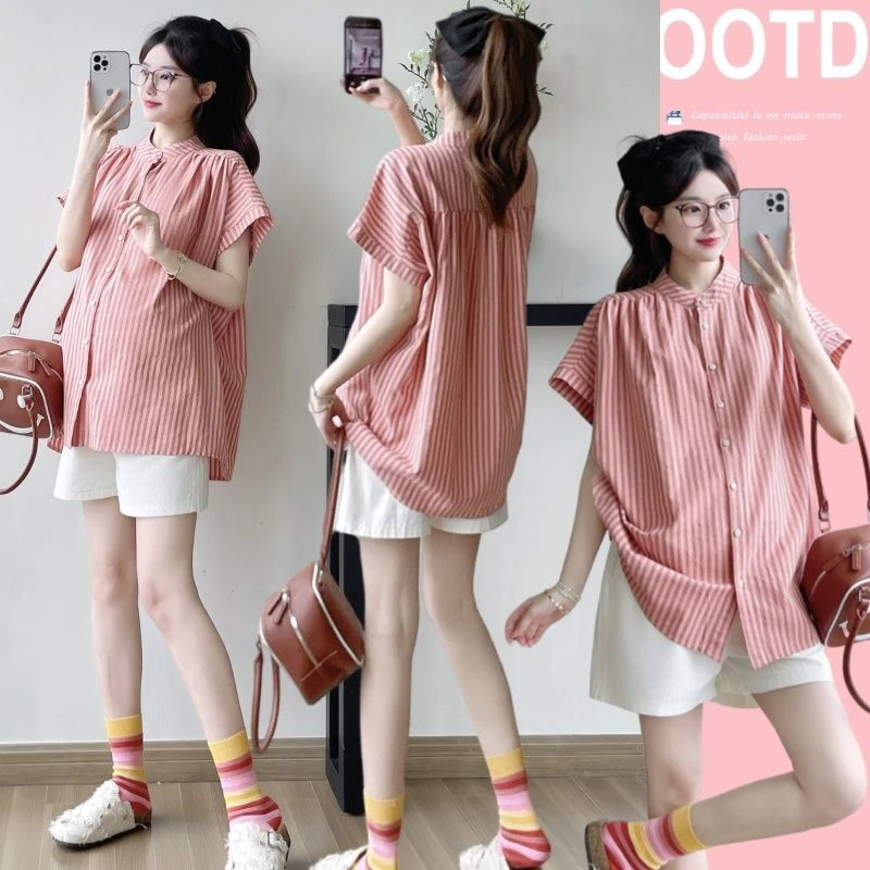 【雅妃家】孕妇夏装新款红色衬衫宽松休闲夏天减龄舒适外穿条纹上衣
