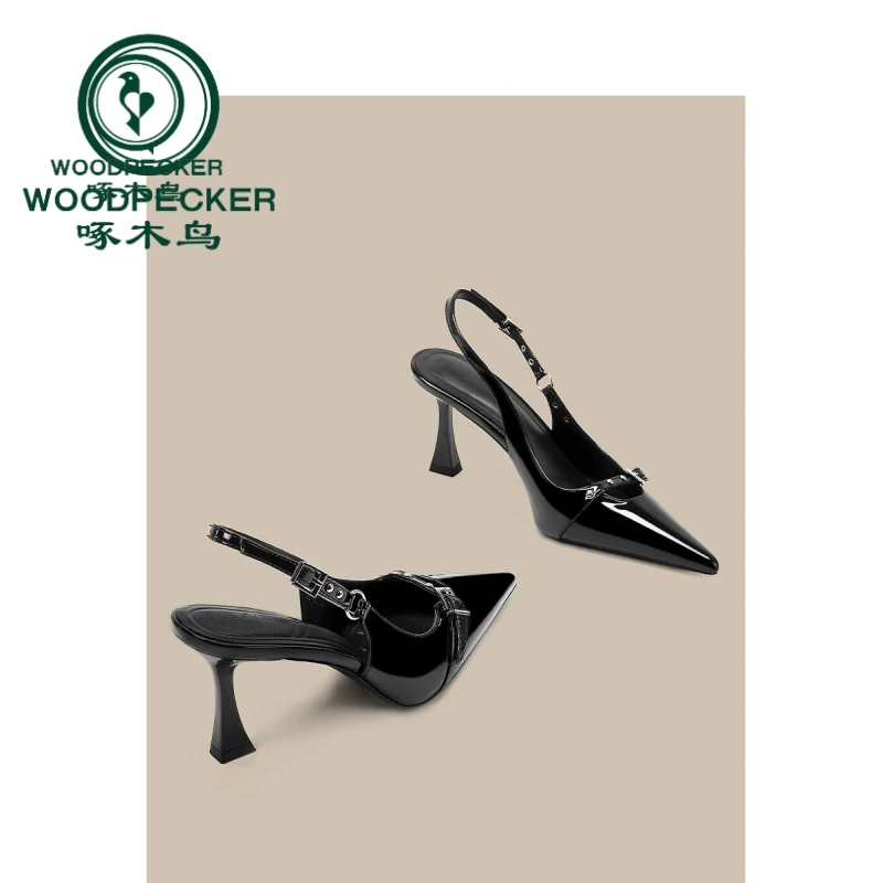 啄木鸟尖头高跟鞋女细跟御姐性感铆钉一字带气质黑色包头凉鞋女夏