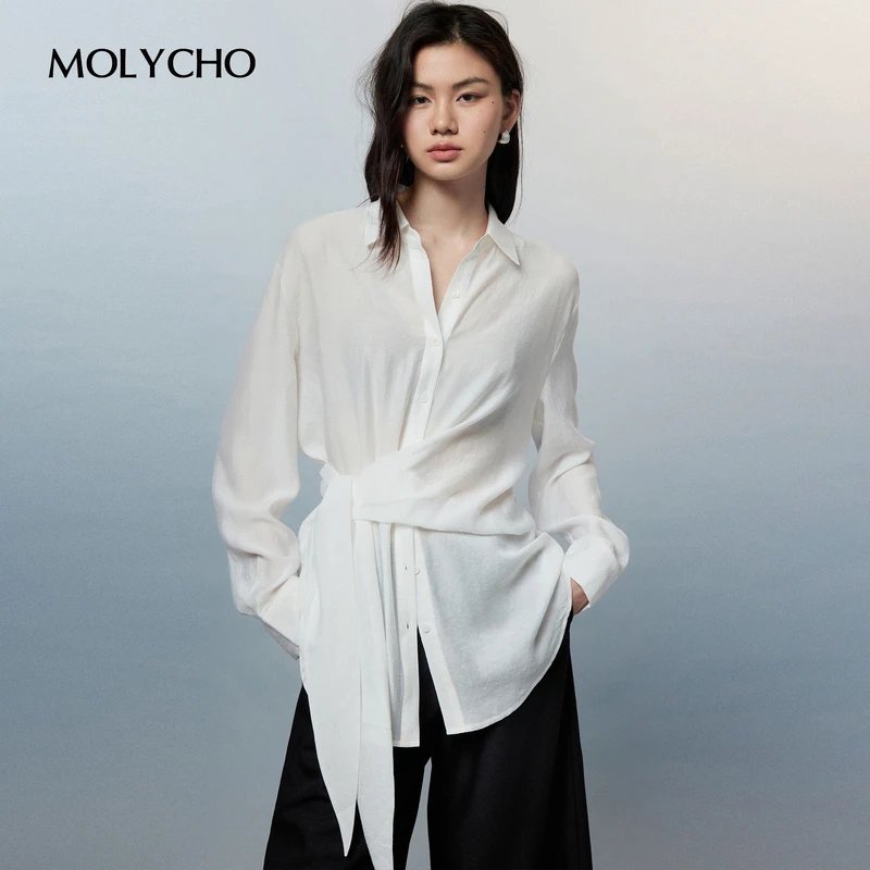 MOLYCHO 设计感绑带收腰白色衬衫女夏季薄款飘带上衣微透防晒衬衣