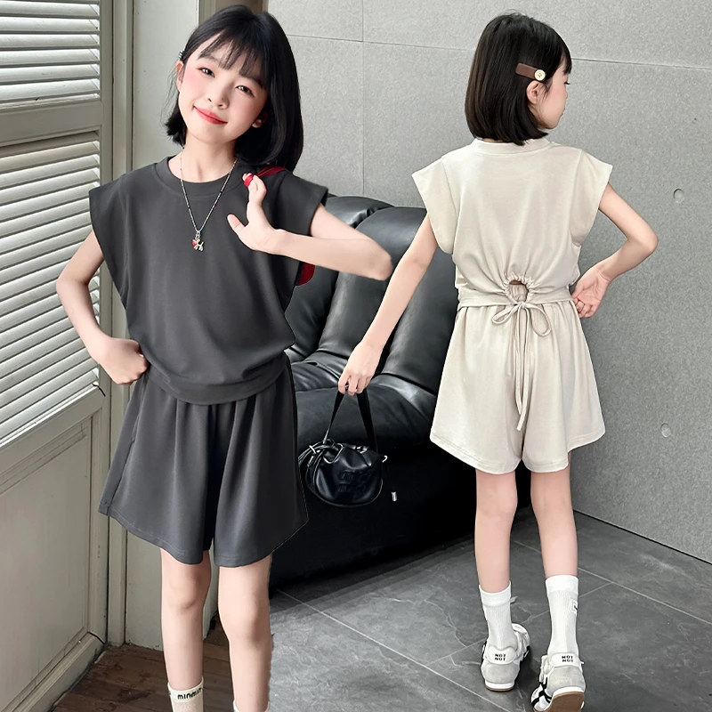 女童洋气套装2025新款薄款中大童时髦短裤无袖上衣儿童夏装两件套