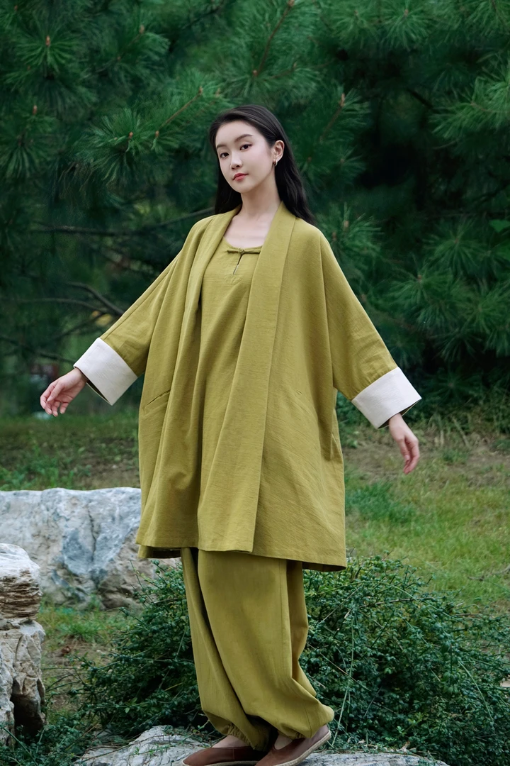 民族风宽松型中长款中式居士服禅意原创假两件套棉麻女装盘扣风衣