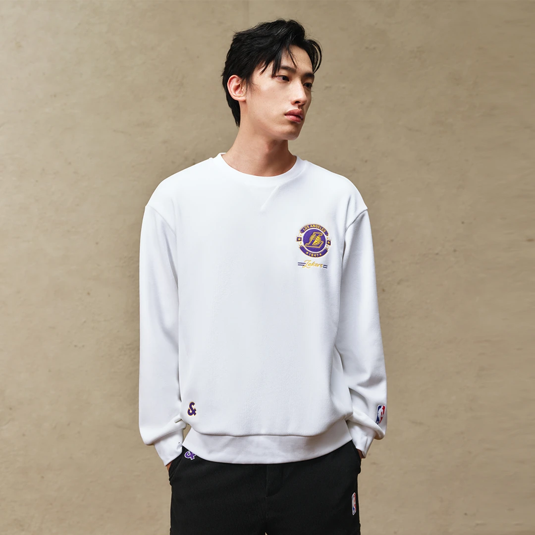 杰克琼斯卫衣男款NBA联名湖人队美式高街条绒卫衣舒适套头衫男装