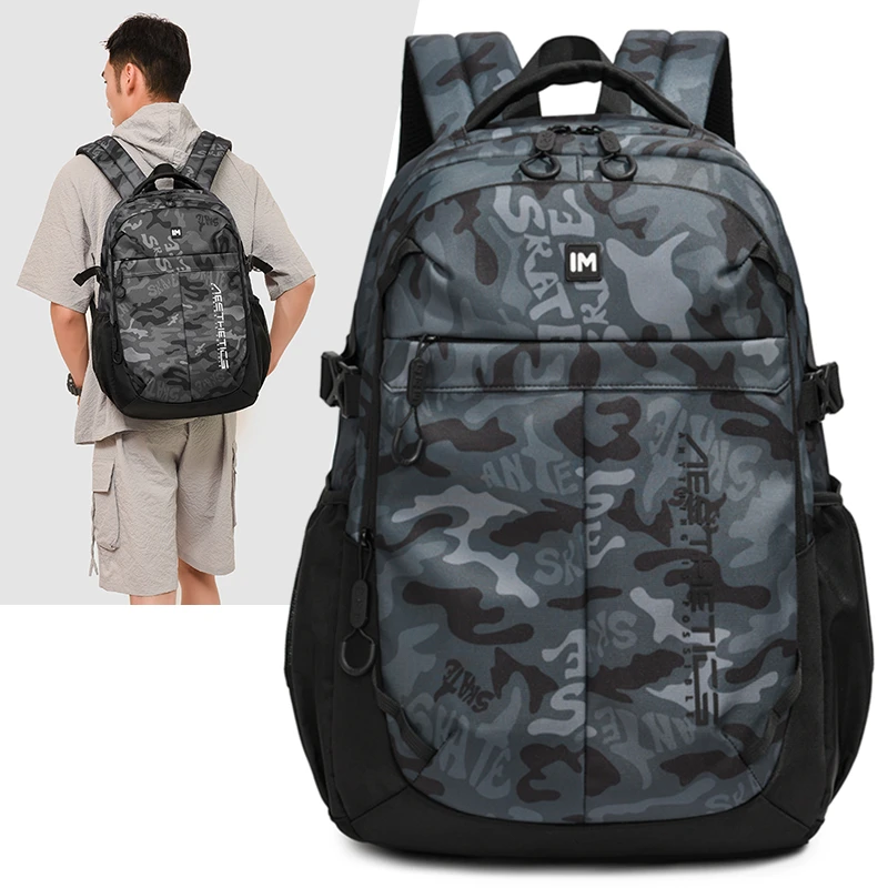 迷彩复古风双肩背男韩版初中高中通勤风防水背包女高年级学生书包
