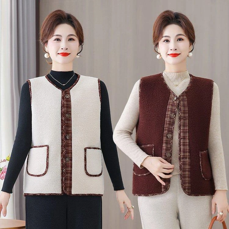 新款秋装妈妈装马夹加绒款中老年女装休闲洋气保暖马甲外套