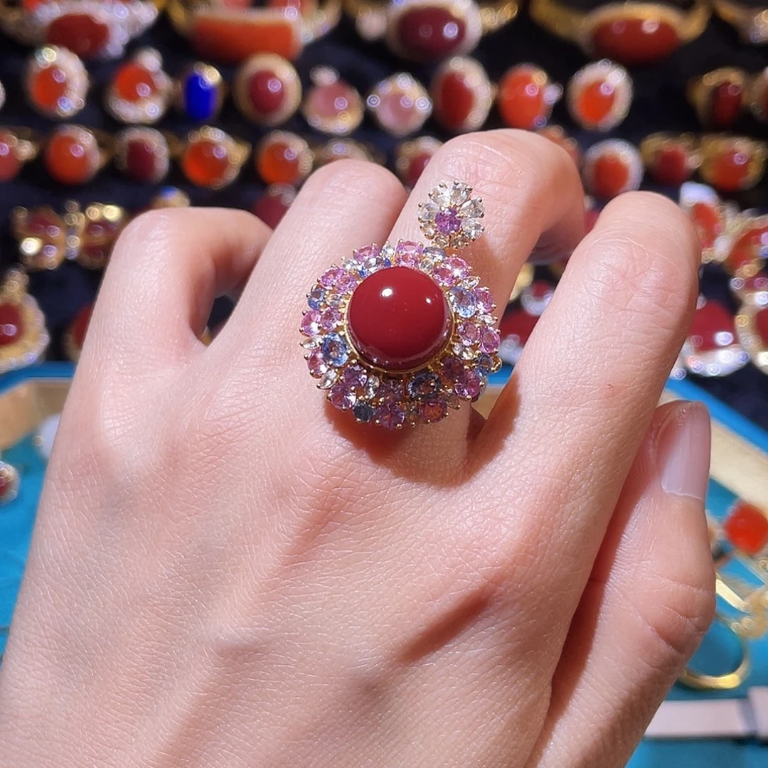 南红玛瑙18K金镶嵌戒指