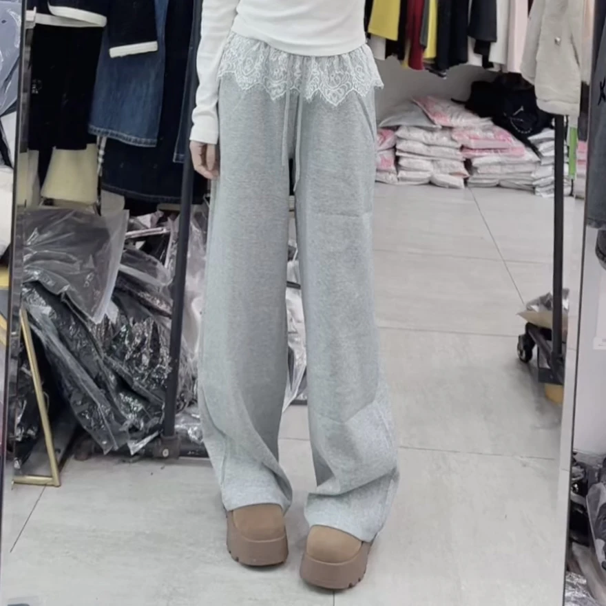 2506春款花边腰头松紧时尚休闲阔腿裤