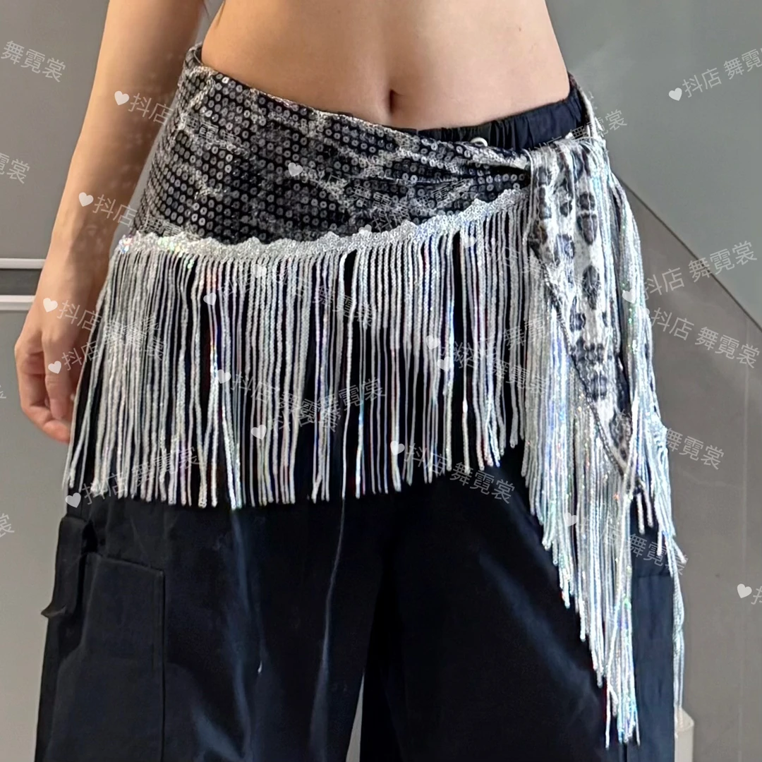爵士舞新款个性豹纹屁帘街舞潮流亮片臀巾配饰肚皮舞流苏跳舞腰链