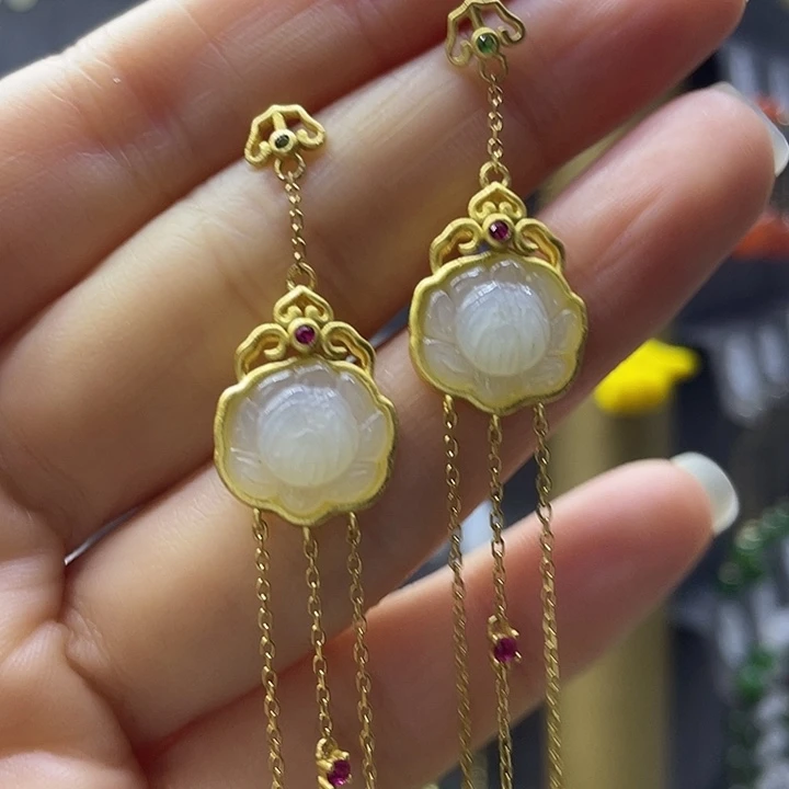 和田玉银S925镀金镶嵌耳饰