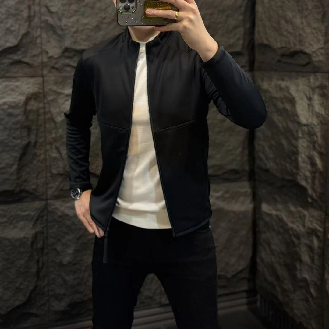 春季新款男士高档商务休闲纯色拉链立领插肩袖夹克