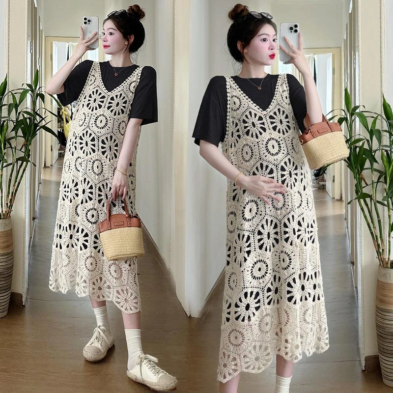 孕妇夏装短袖2025新款洋气时髦镂空蕾丝吊带连衣裙穿搭