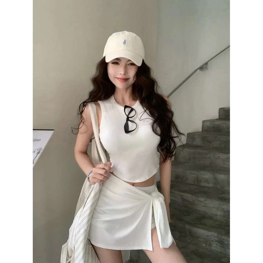 辣妹修身多色无袖背心短款上衣女夏绑带半身裙包臀裙休闲运动套装