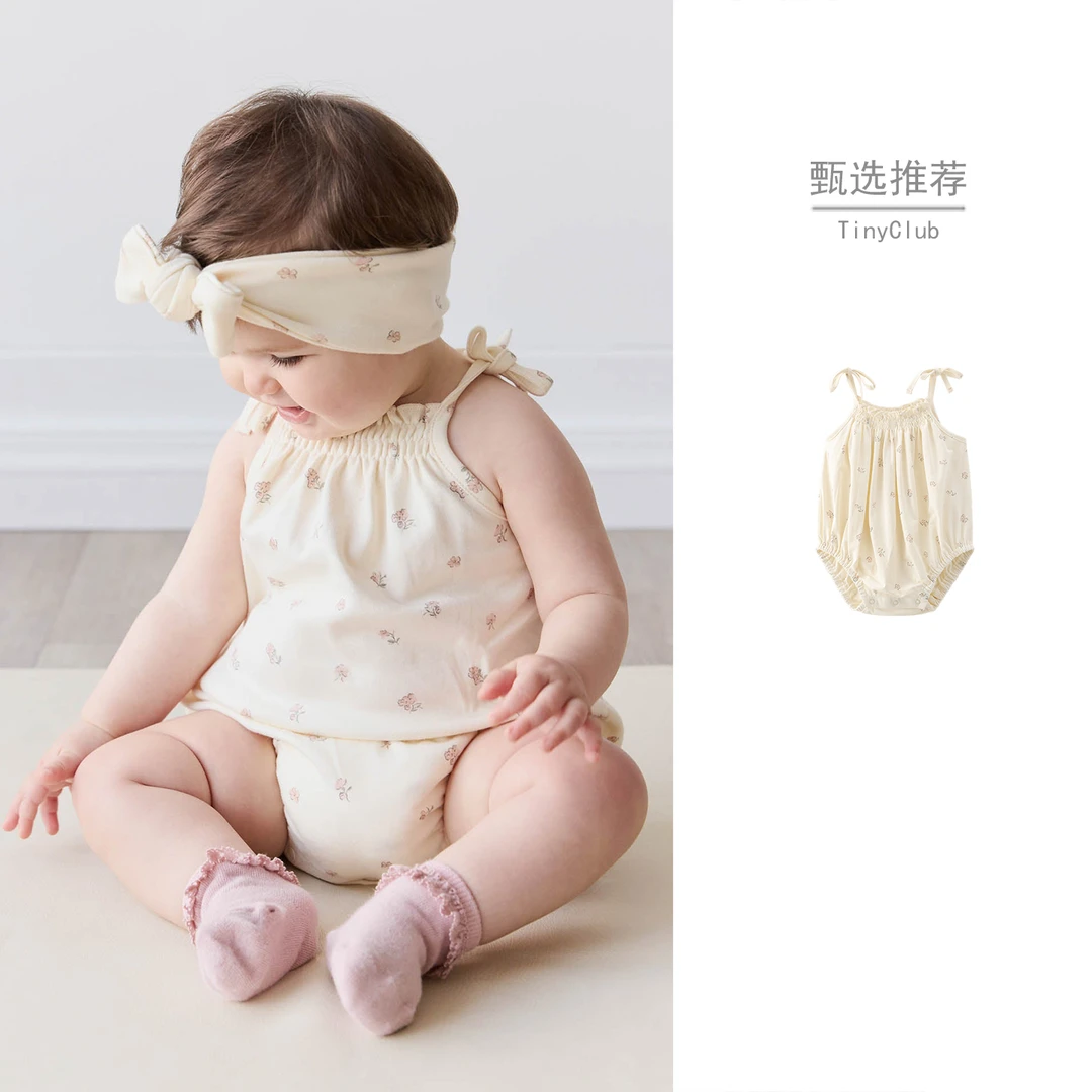 2025夏新款~网红ins风婴儿吊带三角哈衣可爱洋气女宝宝碎花包屁衣