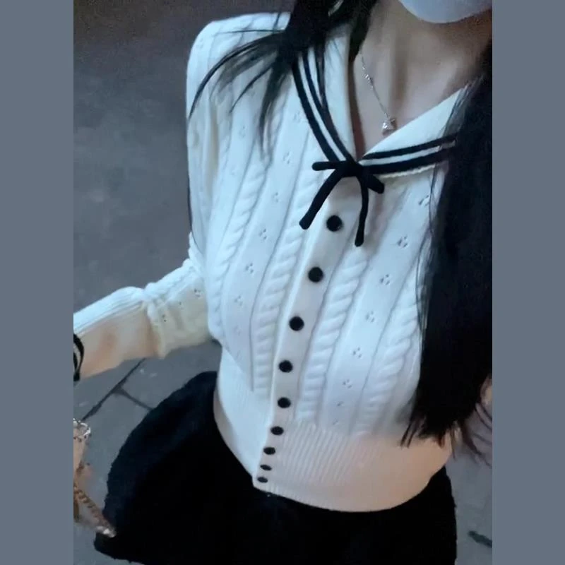 韩系软糯白色海军领针织毛衣女装春季小众设计修身显瘦超好看上衣
