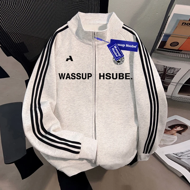 WASSUP HSUBE英文印花图案美式重磅开衫立领卫衣潮牌宽松情侣秋冬