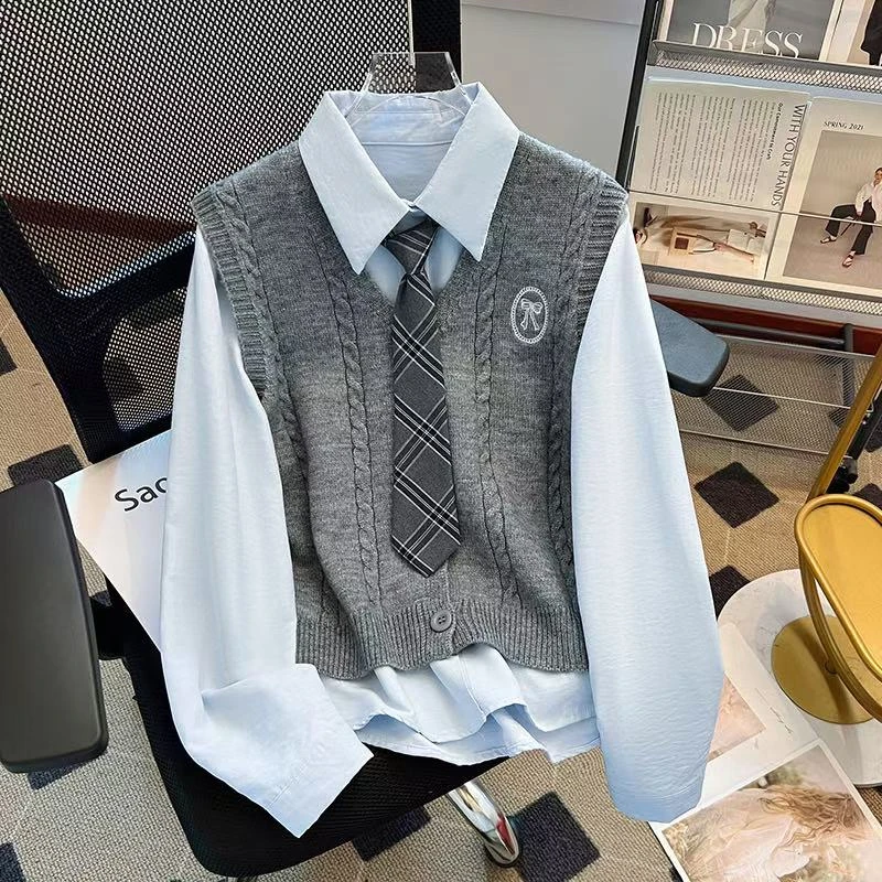 2025新款女装上衣韩版短款简约衬衣套装时尚日系英伦学院风套装