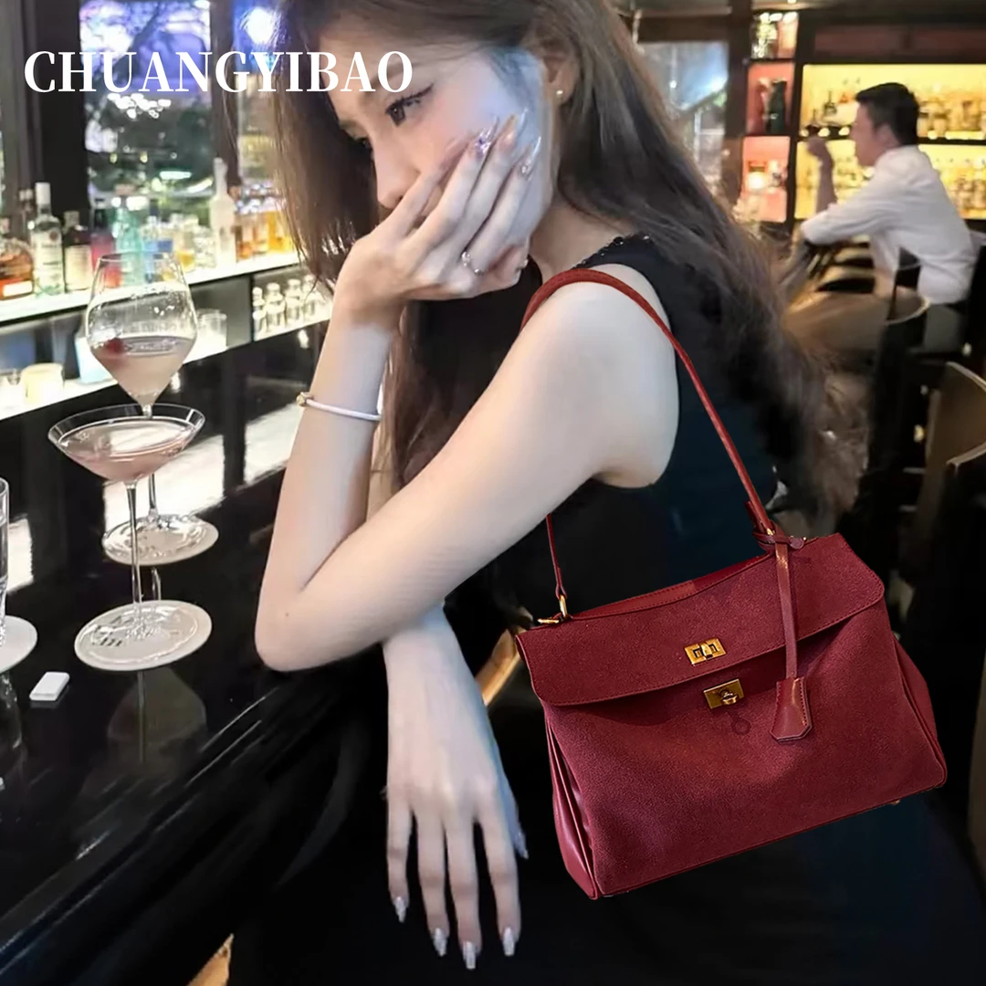 大容量麂皮绒单肩腋下托特包包女2025新款轻奢小众高级感红色婚包