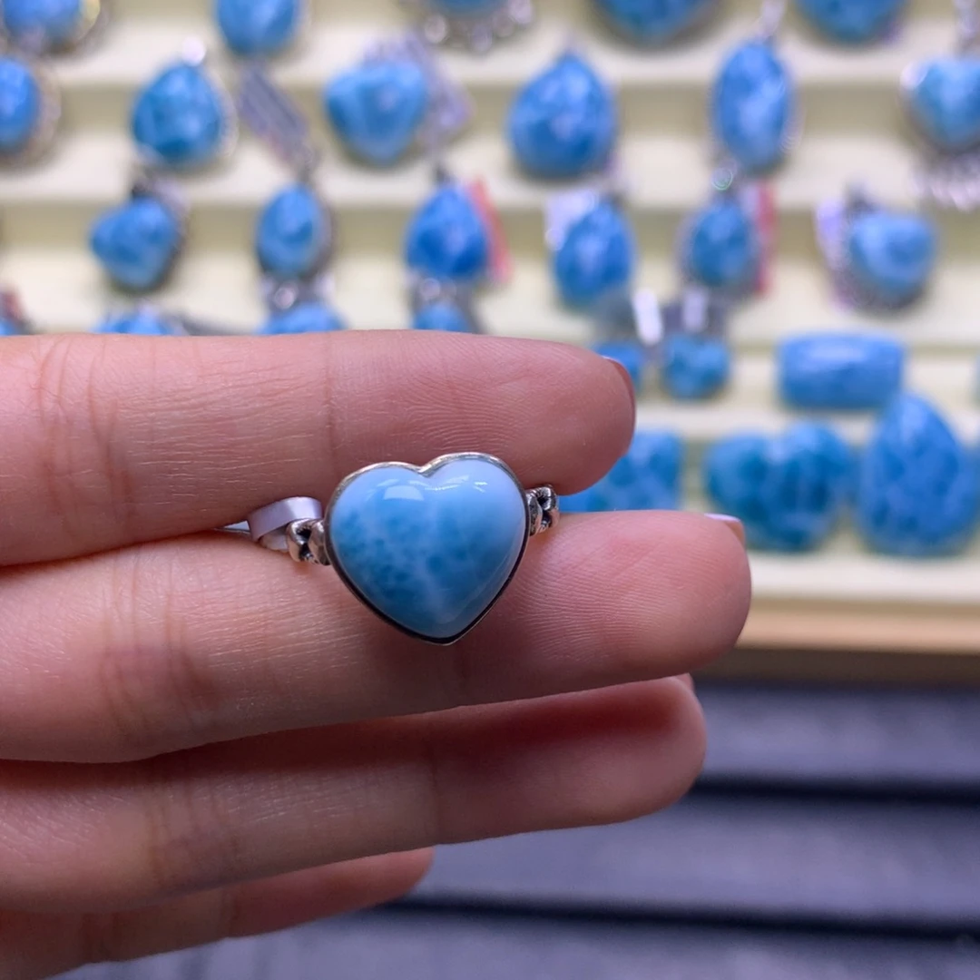 针钠钙石（海纹石）银S925镶嵌戒指爱心戒指色差略异