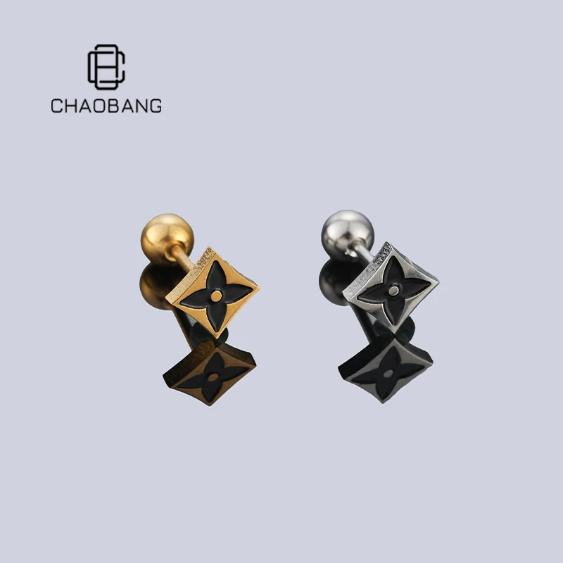 chaobang/潮邦 钛钢耳饰 复古做旧四叶花耳钉时尚百搭高级感耳饰