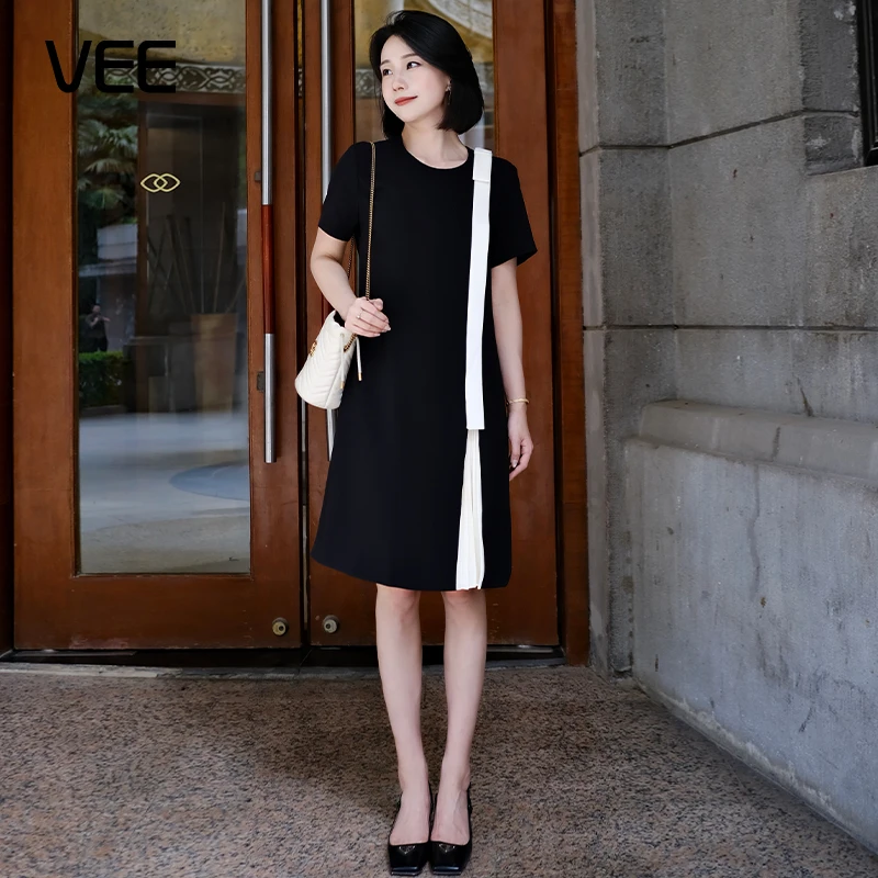 VEE【墨雨云间】夏季压褶撞色法式知性小香风裙摆A字风琴褶连衣裙女