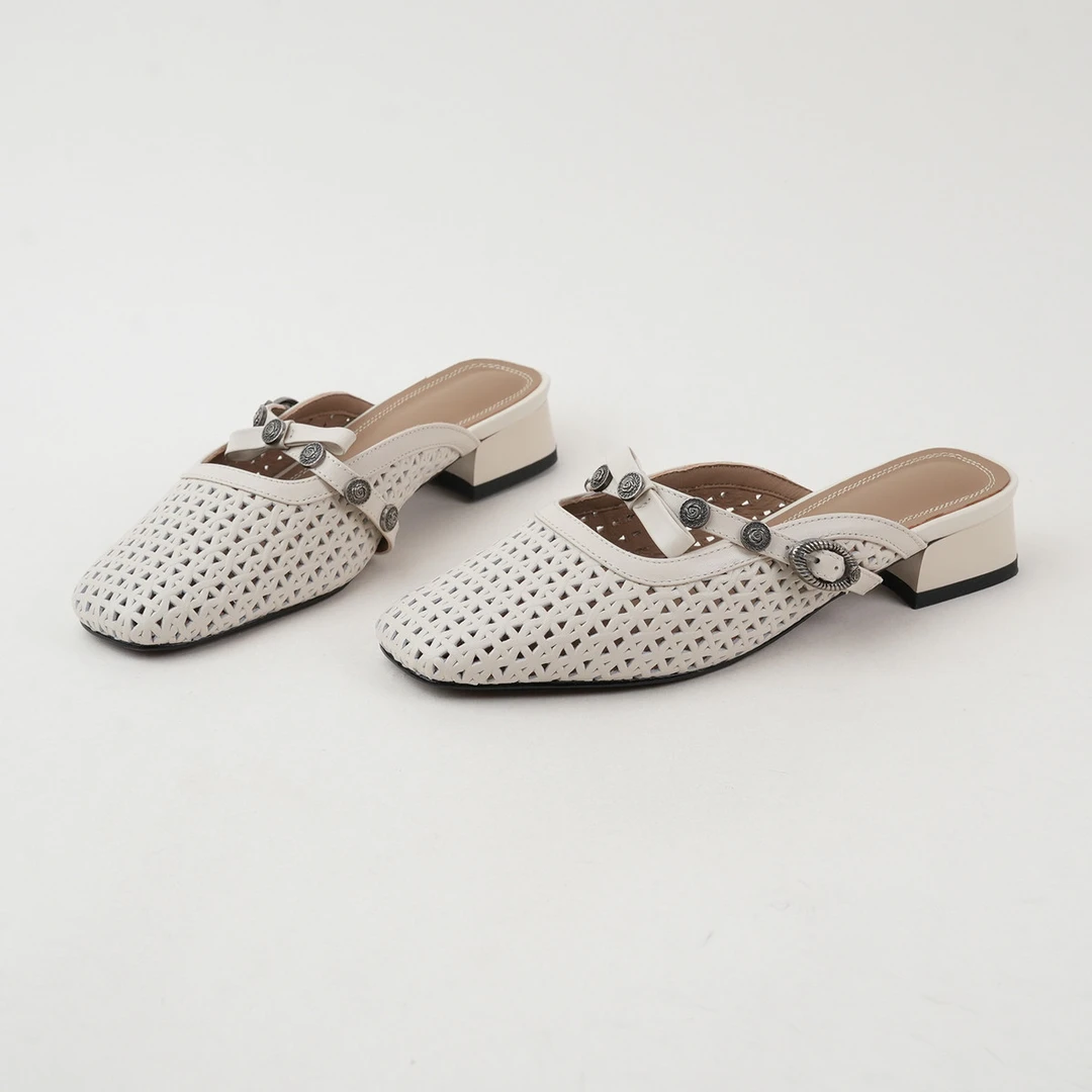 法式真皮编织镂空百搭女夏季蝴蝶结低跟一字带鞋子女ins潮牌百搭