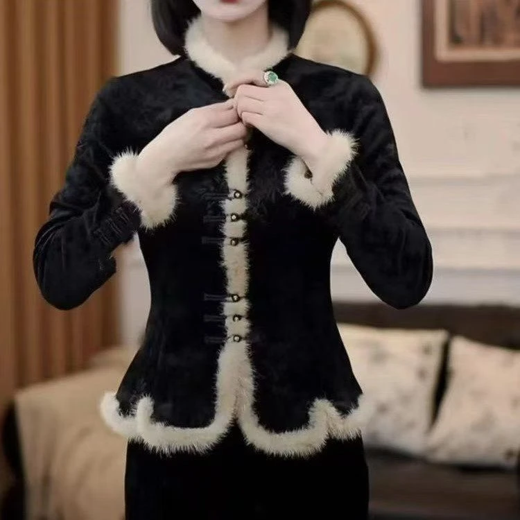 2025新款妈妈装气质高档国风复古加绒棉衣中式高级加厚加绒保暖女