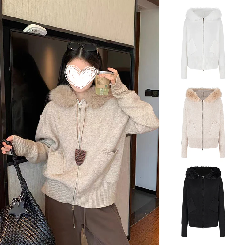 Moses Queen/魔西女王毛领连帽针织外套女秋冬装温柔风双拉链上衣