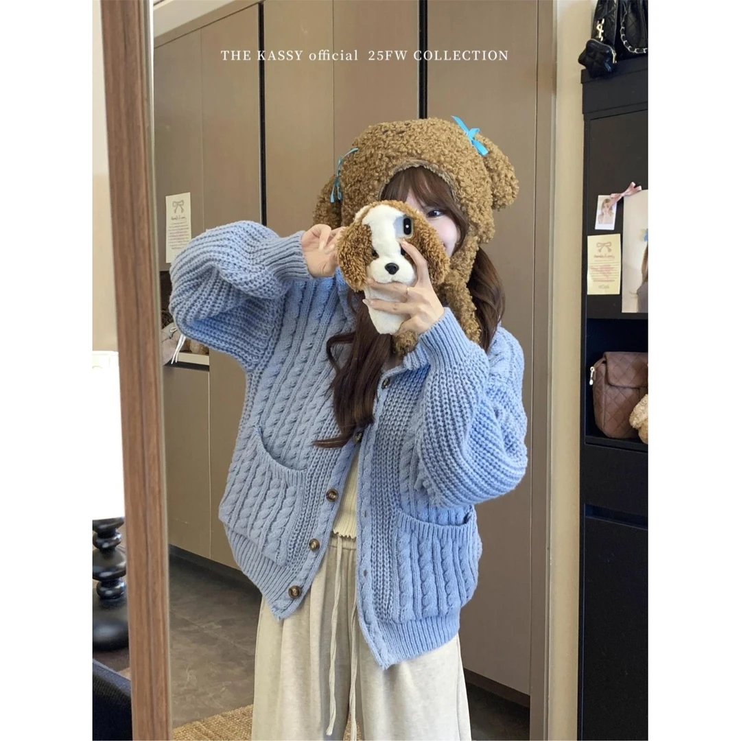 韩版慵懒风连帽针织毛衣女秋冬美式宽松显瘦百搭上衣开衫外套韩版