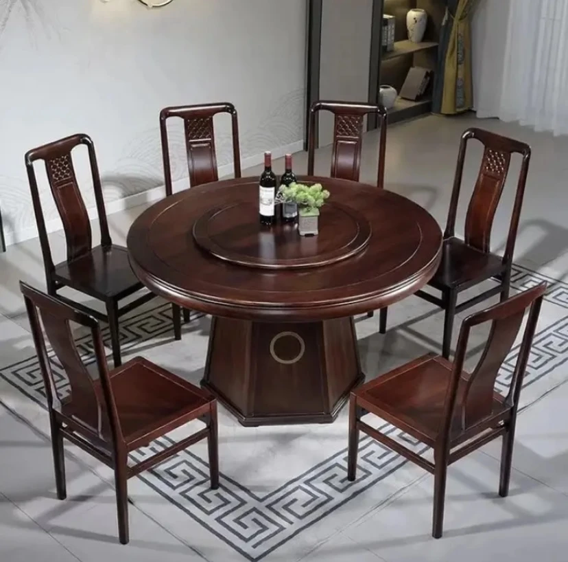 乌金木餐桌家用圆桌饭桌酒店餐桌椅组合套房圆桌带转盘全实木餐桌