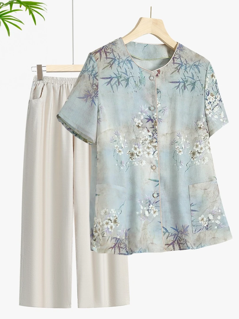 奶奶装夏装短袖衬衫中老年人女装夏季套装老人衣服小个子妈妈上衣