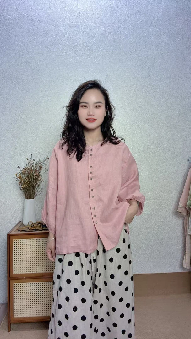 常规款纯色小衫圆领衬衫防晒夏季宽松型百搭紫色长袖衬衣